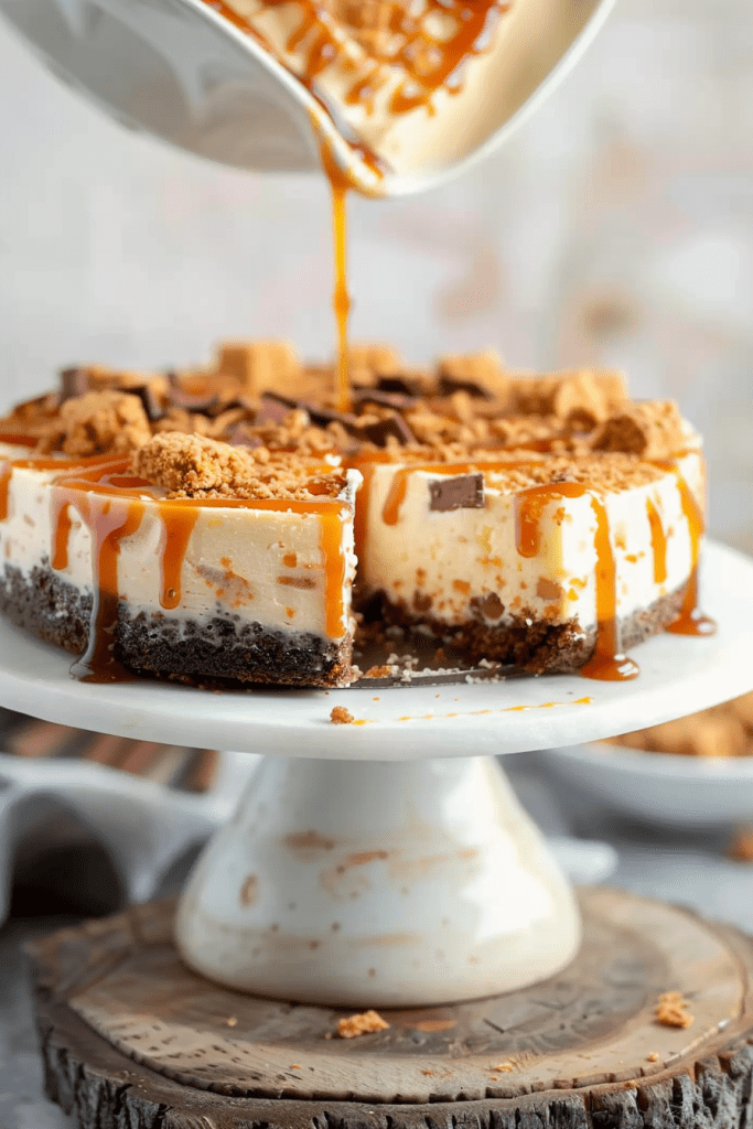 Baking Butterfinger Cheesecake with Caramel Drizzle