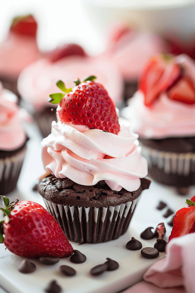 Baking Chocolate Mousse Cupcakes with Whipped Strawberry Cream Cheese Frosting