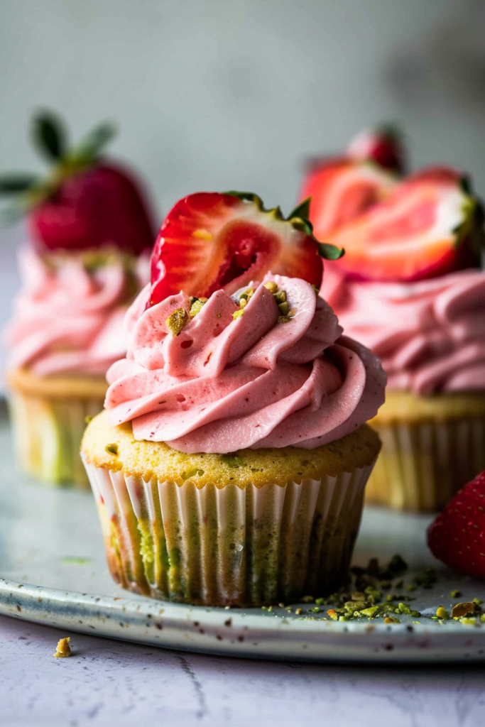 Baking Pistachio Cupcakes with Strawberry Frosting