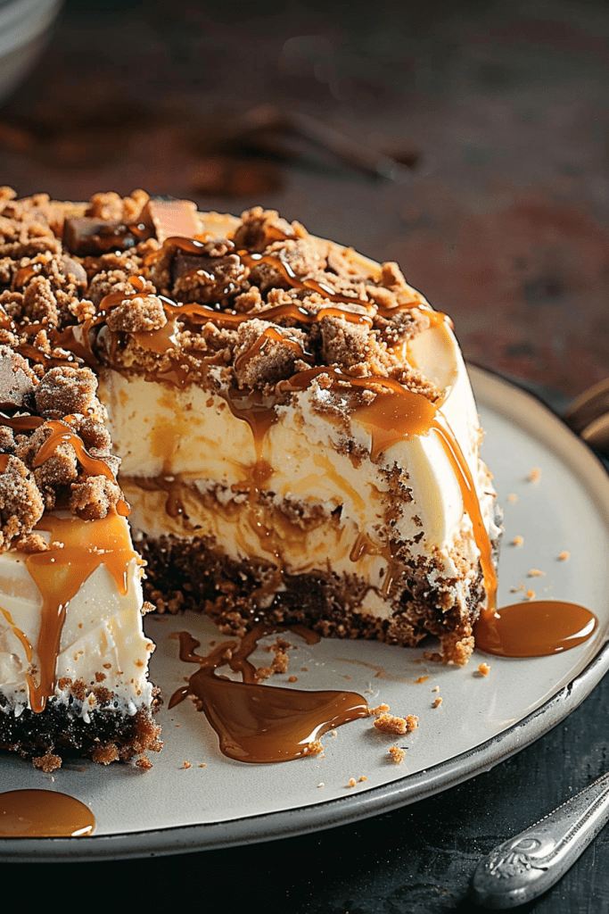 Butterfinger Cheesecake with Caramel Drizzle