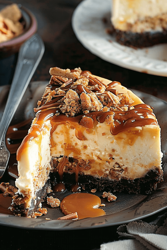 Butterfinger Cheesecakes with Caramel Drizzle