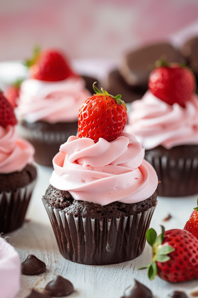 Chocolate Mousse Cupcakes with Whipped Strawberry Cream Cheese Frosting