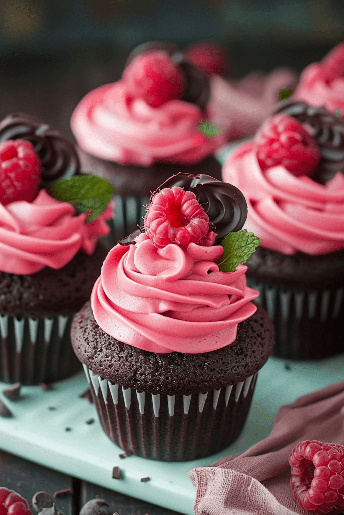 Dark Chocolate Cupcakes with Raspberry Buttercream Frosting