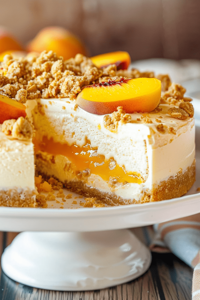 Delicious Bourbon Peach Streusel Cheesecake