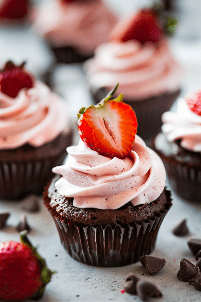 Delicious Chocolate Mousse Cupcakes with Whipped Strawberry Cream Cheese Frosting