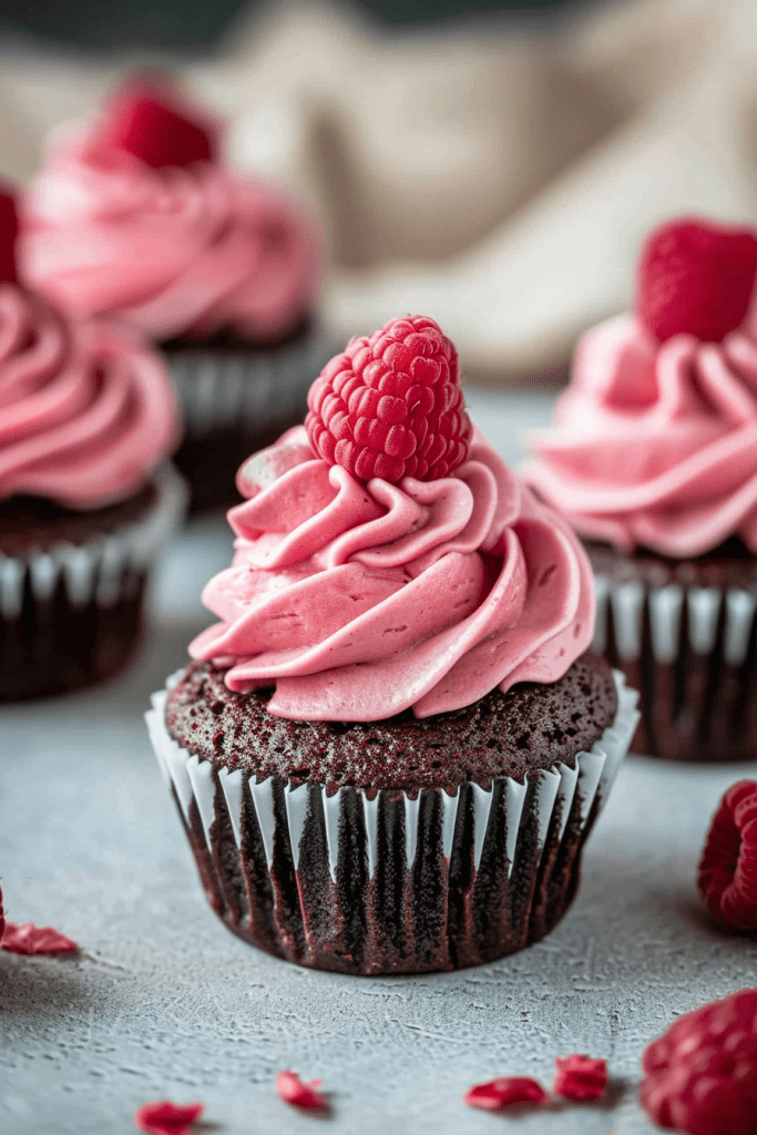 Delicious Dark Chocolate Cupcakes with Raspberry Buttercream Frosting