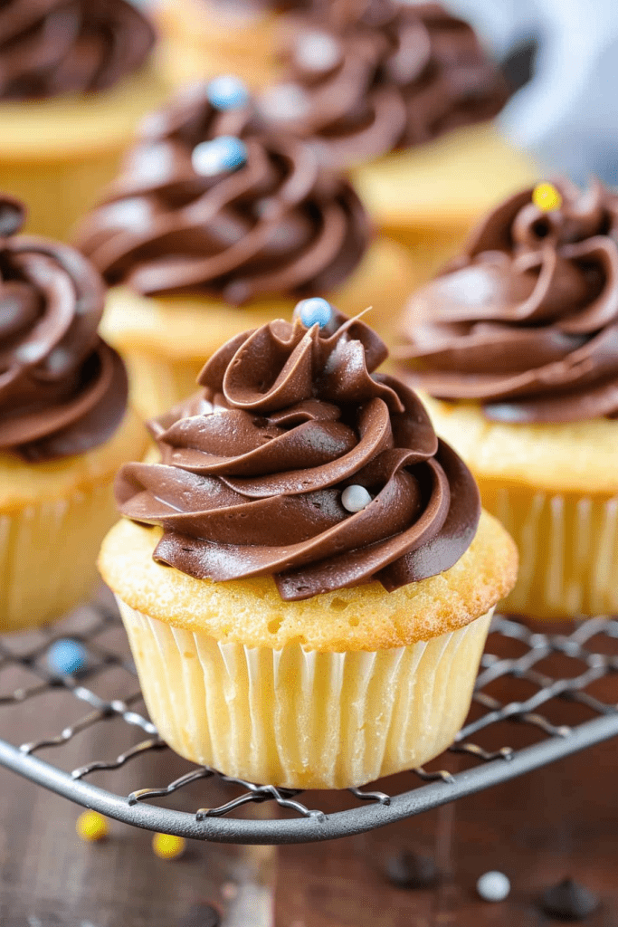 Delicious Yellow Cupcakes with Milk Chocolate Frosting