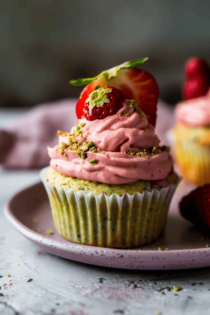 Pistachio Cupcakes with Strawberry Frosting