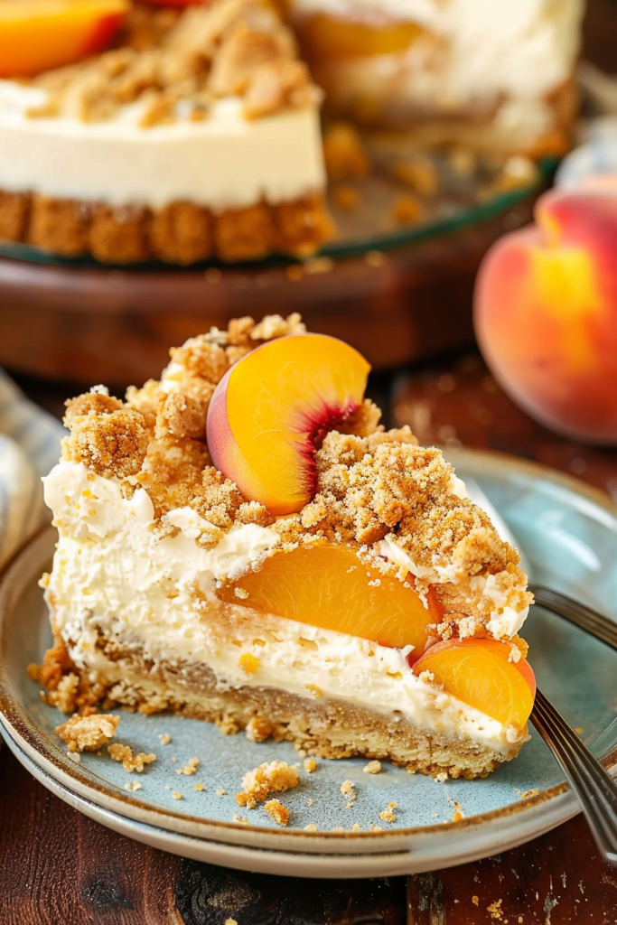 Serving Bourbon Peach Streusel Cheesecake