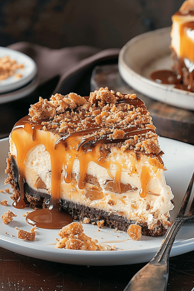 Serving Butterfinger Cheesecake with Caramel Drizzle