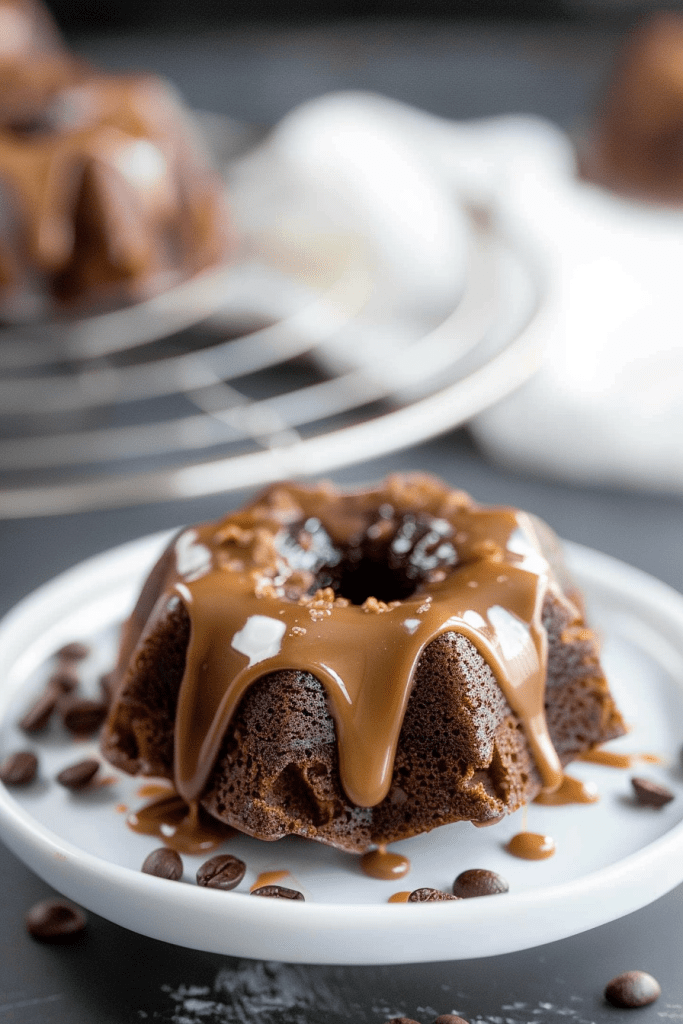 Serving Chocolate Espresso Mini Bundt Cake with Salted Caramel