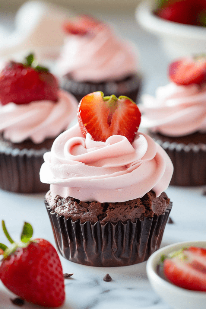 Serving Chocolate Mousse Cupcakes with Whipped Strawberry Cream Cheese Frosting