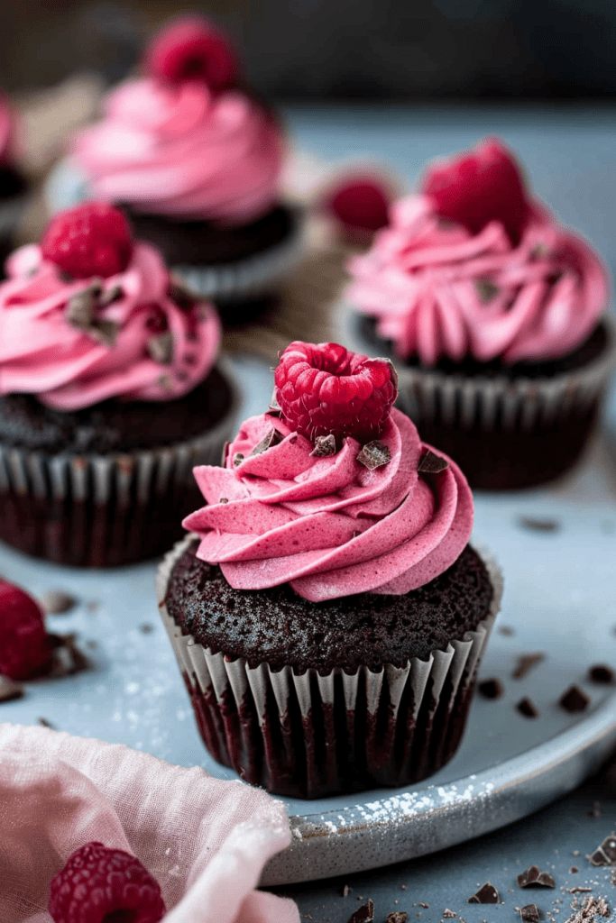 Serving Dark Chocolate Cupcakes with Raspberry Buttercream Frosting