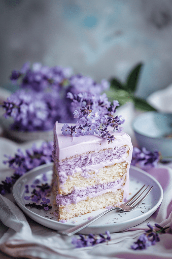 Serving Lavender Cake with Whipped Cream Cheese Frosting