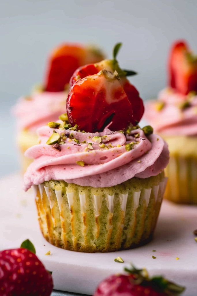 Serving Pistachio Cupcakes with Strawberry Frosting