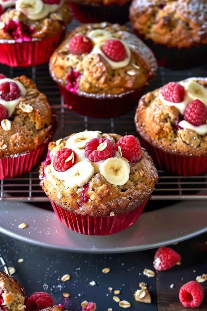 Serving White Chocolate Raspberry Banana Oatmeal Muffins