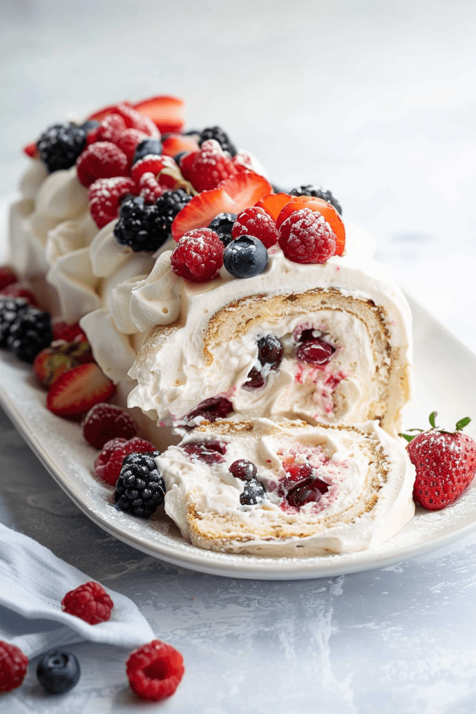 Assembling Berry Angel Food Cake Roll