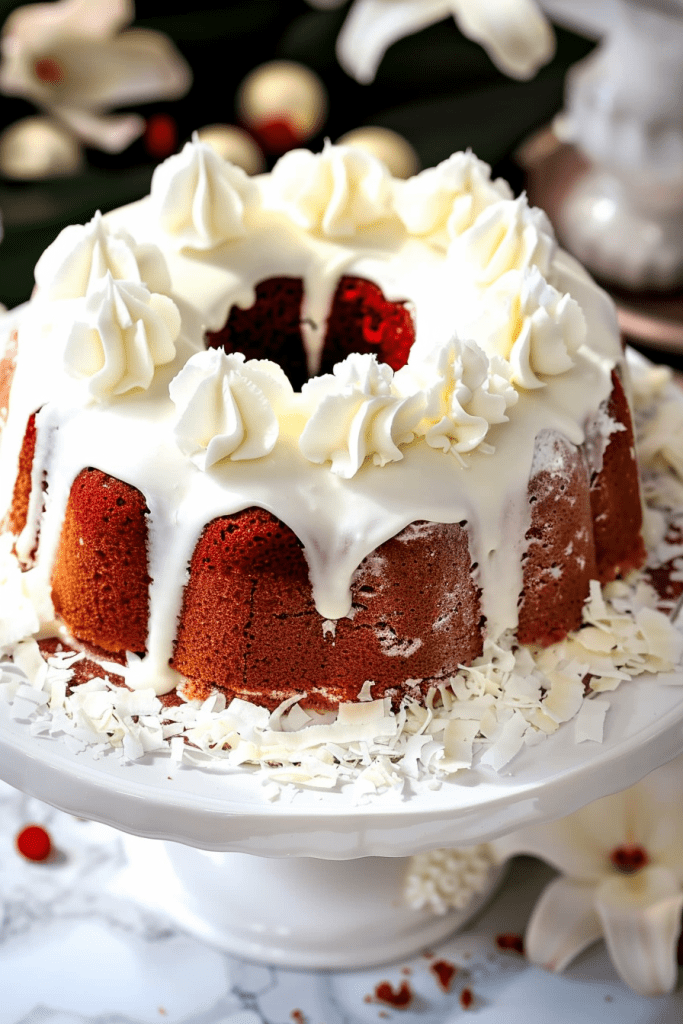 Assembling Red Velvet Angel Food Cake with Coconut Cream Cheese Glaze