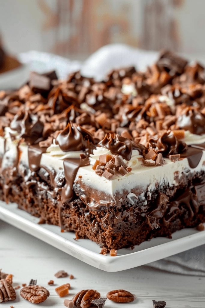 Assembling the Chocolate Turtle Poke Cake