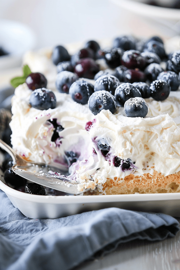 Baking Blueberries and Cream Angel Food Cake Dessert