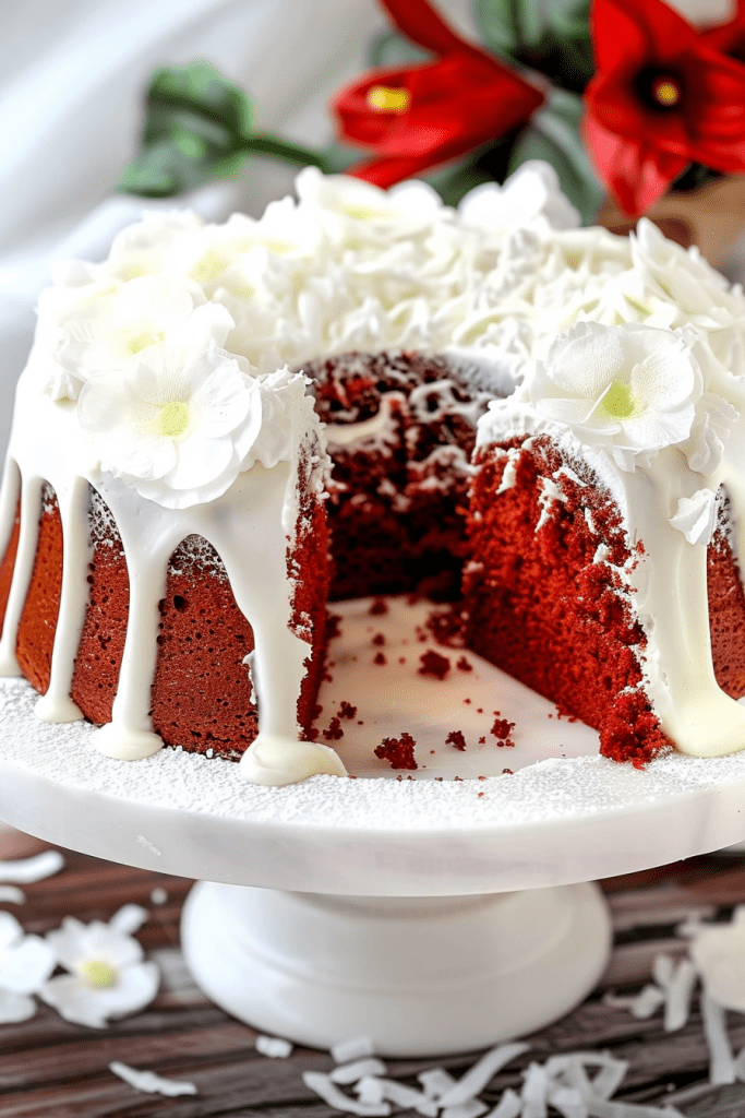 Baking Red Velvet Angel Food Cake with Coconut Cream Cheese Glaze