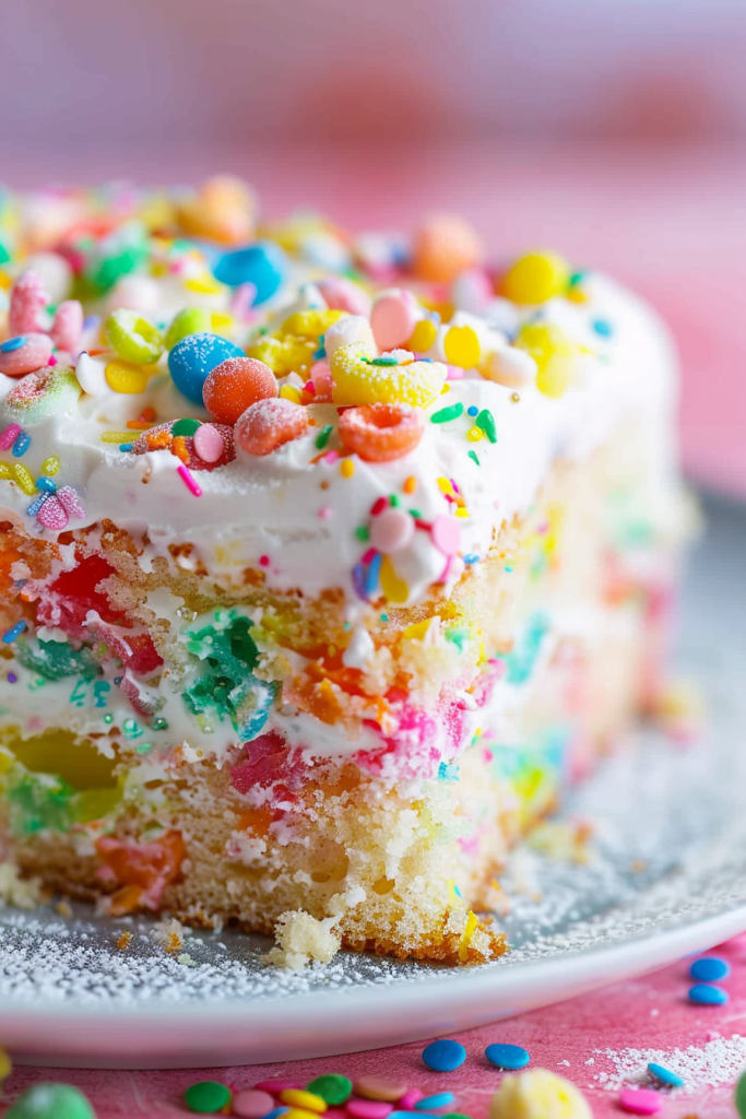 Decorating Fruity Pebble Cereal Milk Poke Cake