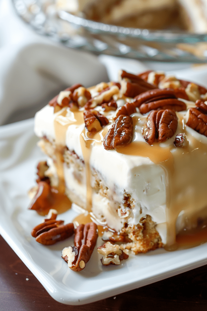 Delicious Butter Pecan Praline Poke Cake