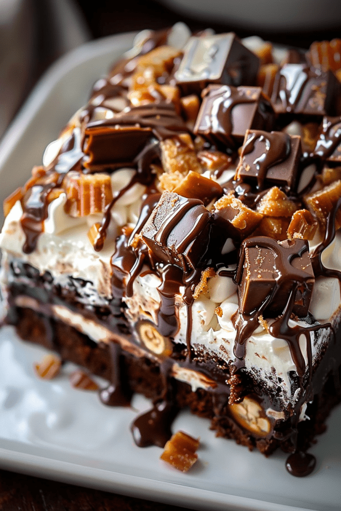 Delicious Snickers Poke Cake