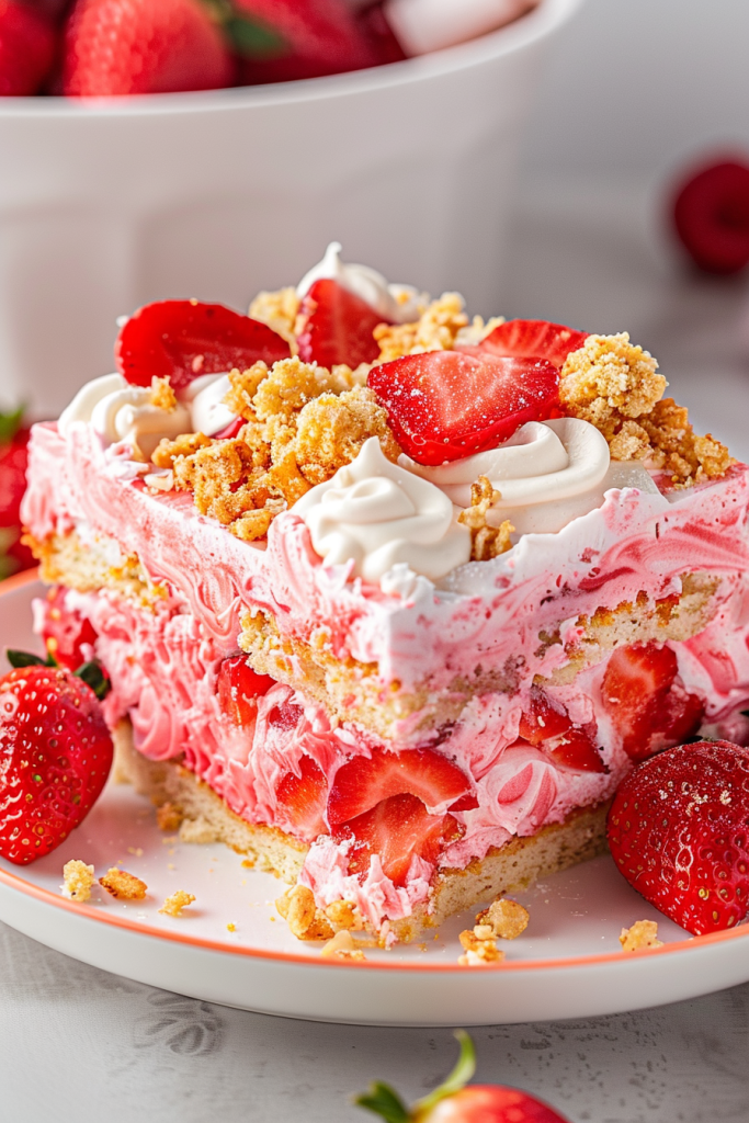 Delicious Strawberry Crunch Poke Cake