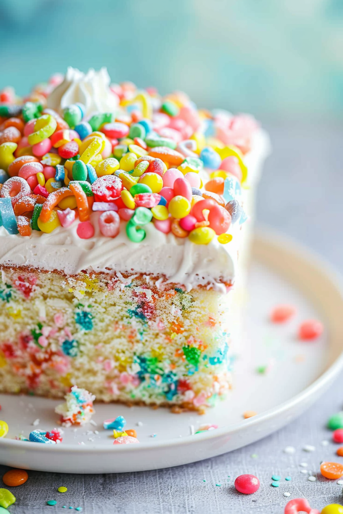 Fruity Pebble Cereal Milk Poke Cake