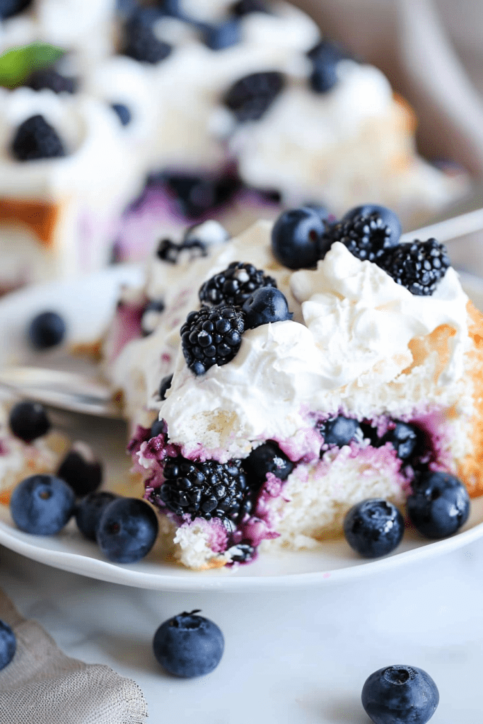 Heavenly Blueberries and Cream Angel Food Cake Dessert