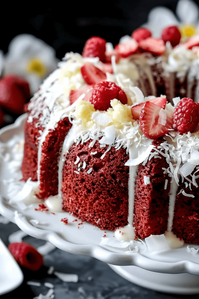 Red Velvet Angel Food Cake with Coconut Cream Cheese Glaze