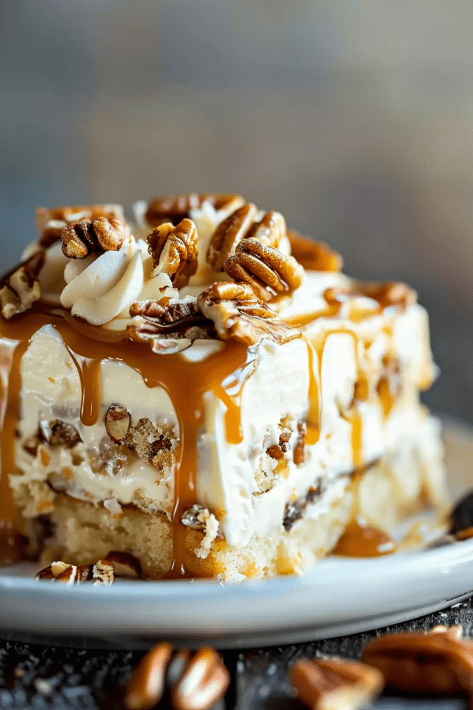 Serving Butter Pecan Praline Poke Cake