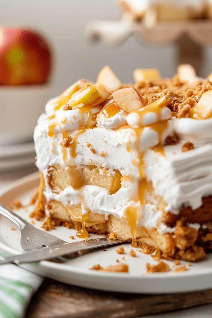 Serving Caramel Apple Pie Poke Cake