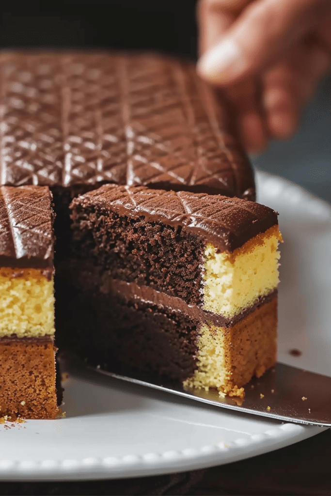 Serving Chocolate Almond Battenberg Cake