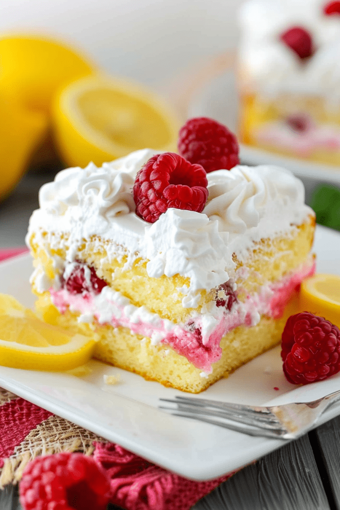 Serving Lemon Raspberry Poke Cake