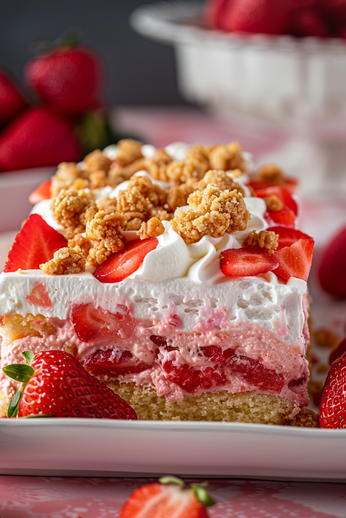 Serving Strawberry Crunch Poke Cake