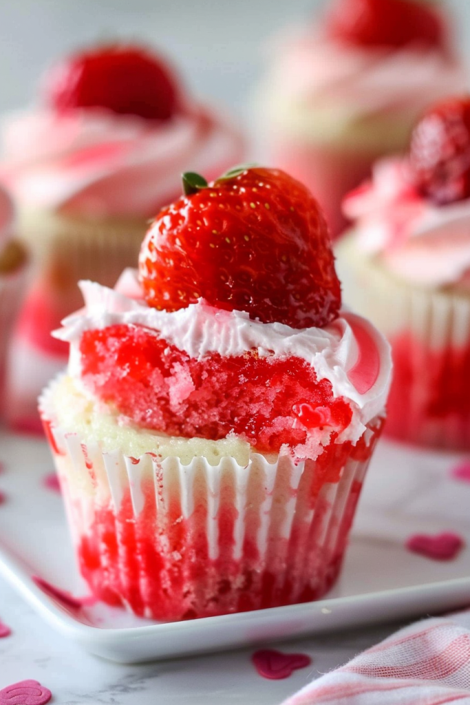 Serving Strawberry Jell-O Poke Cupcakes