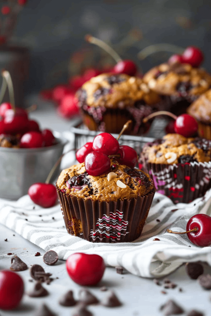 Serving Vegan Cherry Dark Chocolate Chip Muffins