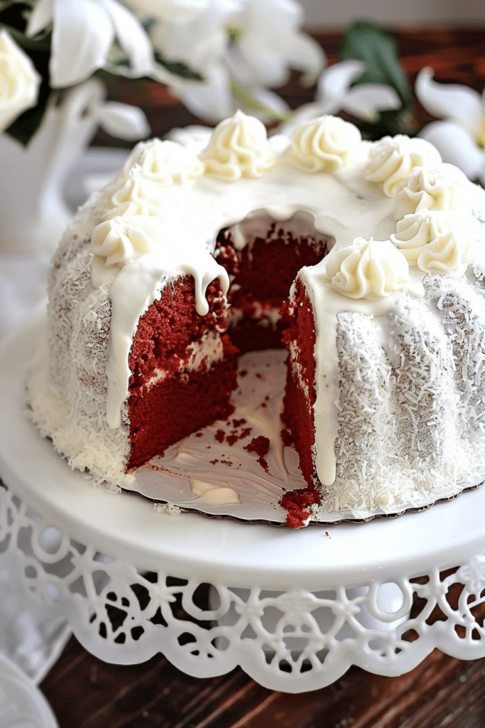 Storage Red Velvet Angel Food Cake with Coconut Cream Cheese Glaze