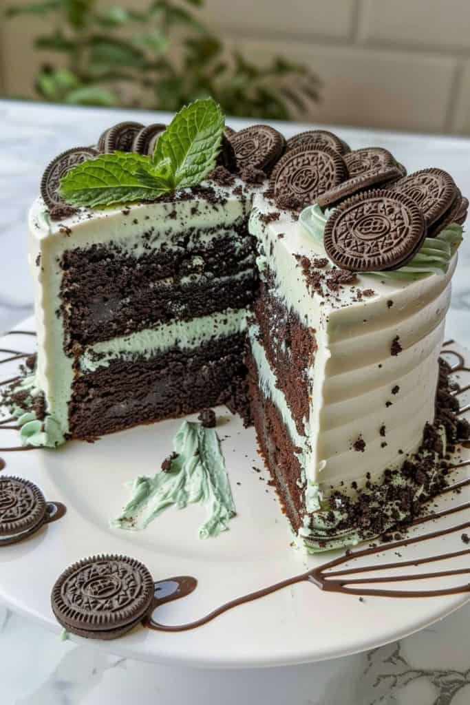 Assembling the Mint Oreo Cake