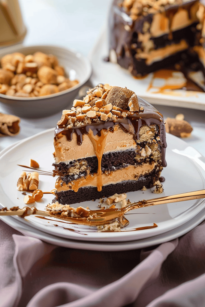 Assembling the Peanut Butter Snickers Cake