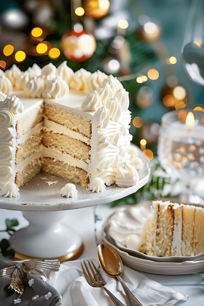 Assembly Snowy Vanilla Cake with Cream Cheese Buttercream