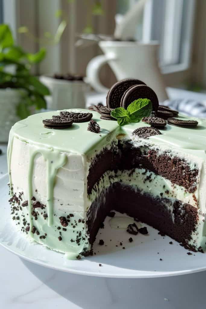 Decorating the Mint Oreo Cake