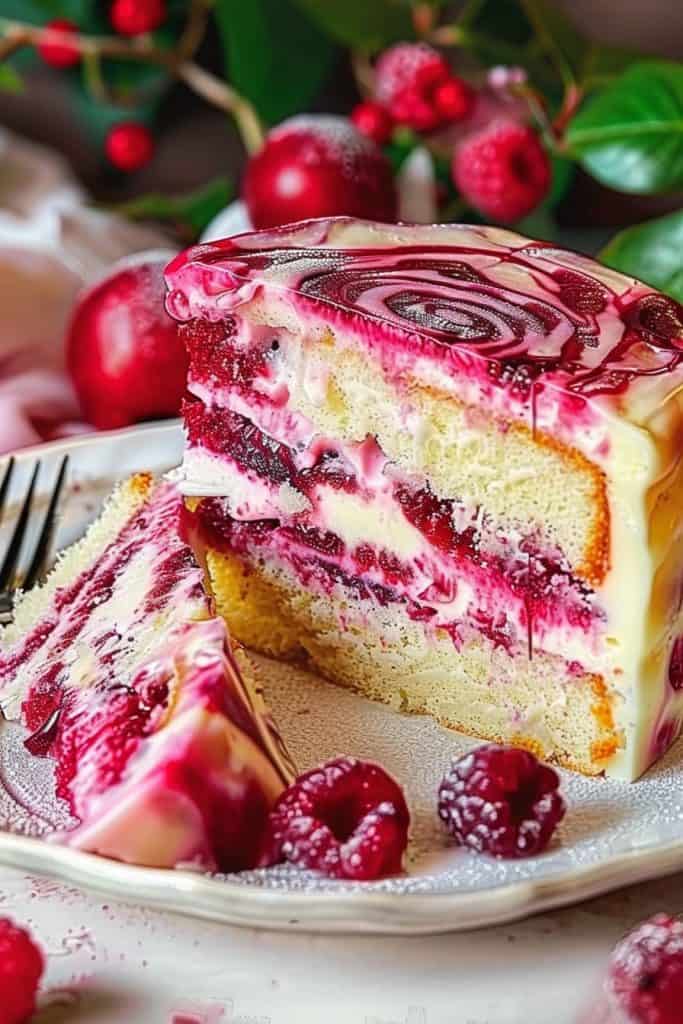 Delicious Almond Raspberry Swirl Cake