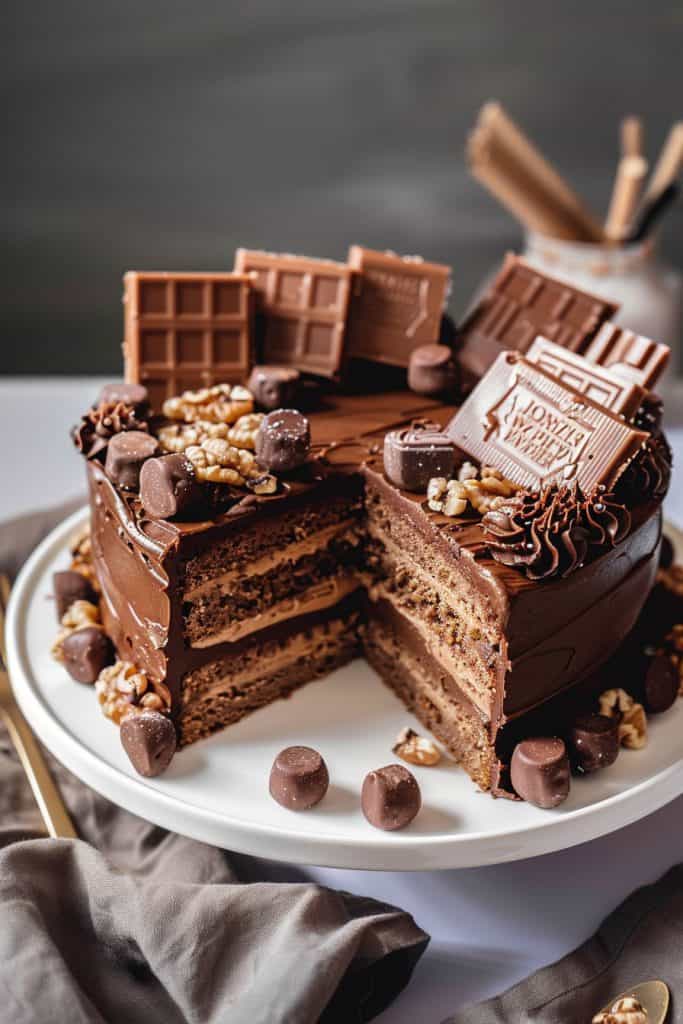 Assembling the Chocolate Candy Bar Cake