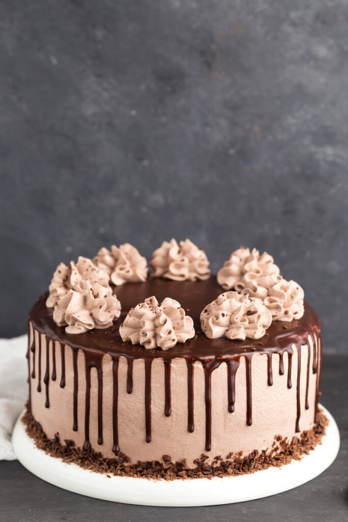 Assembling Chocolate Drip Cake with Mocha Buttercream Frosting