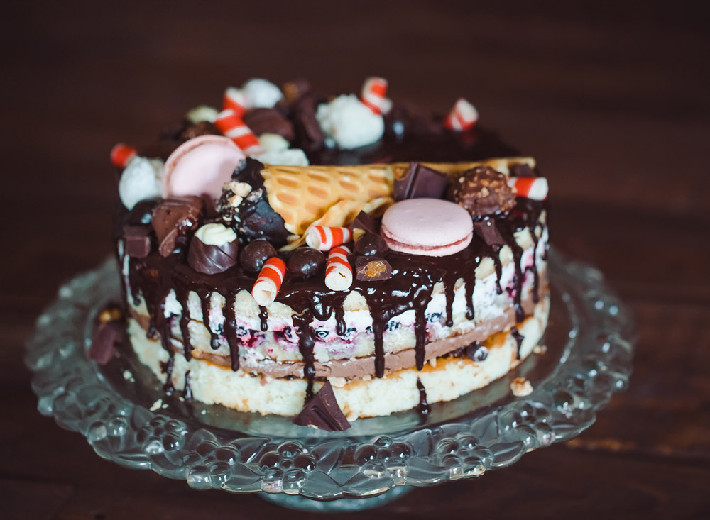 Bake Chocolate Drip Candy Overload Cake