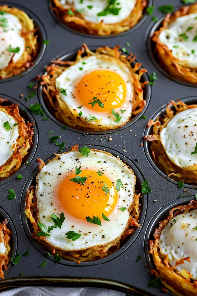 Cheesy Hash Brown Cups with Baked Eggs