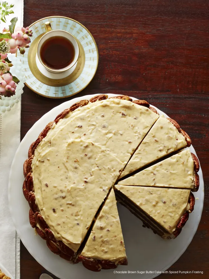 Chocolate Brown Sugar Butter Cake with Spiced Pumpkin Frosting